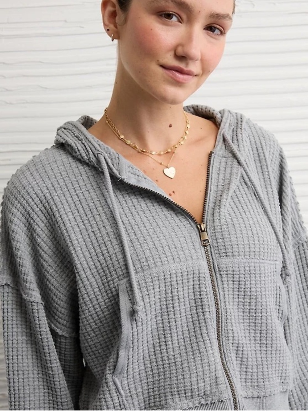 AE Cropped Waffle Zip-Up Hoodie Small